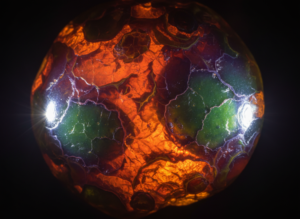 A dramatic macro image of the surface of a DinoStone fire agate, filling the entire frame with its intricate, organic textures. The viewer sees only the gemstone’s undulating patterns: microscopic ridges, bubbling contours, and luminous patches of orange, green, and violet that resemble lava flowing under cooled glass. Tight, controlled studio lighting from two opposing sides creates delicate specular highlights that trace along the ridges and deepen the shadows in the valleys, emphasizing complexity and rarity. The edges fall off into a dark, velvety blur, eliminating any setting and transforming the stone into an abstract landscape. The photographic realism and hyper-detailed texture lend a refined, almost scientific yet luxurious mood, perfect for emphasizing the uniqueness and scarcity of this specific Southwestern-origin material.