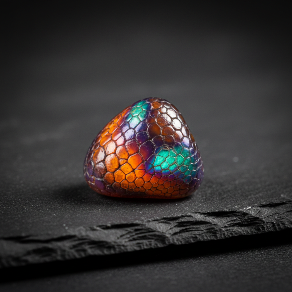 A close-up, ultra-detailed composition of a single rare DinoStone fire agate, resting on a dark matte slate surface. The gemstone’s surface shows intricate, iridescent bands of ember orange, electric green, and deep violet, with a distinct, almost reptilian texture that recalls ancient scales. Soft, focused studio lighting from the upper left creates shimmering highlights across the stone’s contours, emphasizing its depth and rarity while gentle shadows ground it. The background fades into a velvety charcoal blur, keeping attention on the texture of the fire agate. Photographic realism with a sophisticated, gallery-like atmosphere, composed at a slightly elevated angle with a shallow depth of field to showcase the gemstone’s complex internal fire and scarcity.