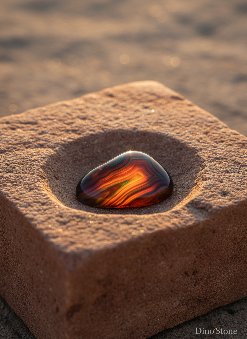 An atmospheric hero image showing a single DinoStone fire agate cradled within a shallow, carved basin of raw desert sandstone, the stone’s polished surface glowing with inner fire like an ember sheltered in rock. The gemstone’s complex textures—layered, iridescent patterns in copper, citrine, and peacock green—contrast against the rough, grainy sandstone around it, subtly referencing its origin in the Southwest. Warm, low-angle lighting simulating sunset casts elongated shadows in the stone’s natural pits and along the basin’s edges, creating a dramatic yet serene mood. Composed at a close, eye-level angle with the background softly dissolving into a neutral, textured gradient, the scene conveys both ancient earth and modern luxury, underscoring the rarity and finite nature of the material.