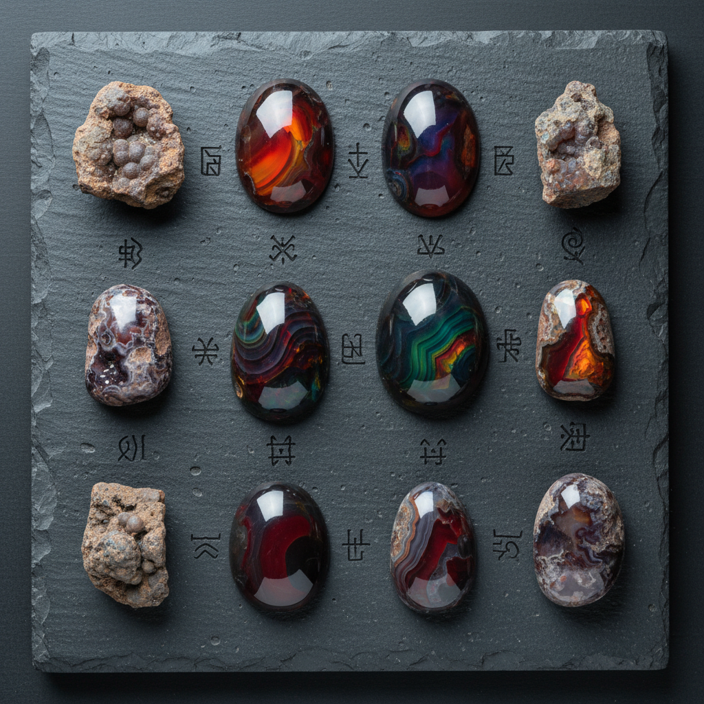 A niche, collector-focused image featuring a labeled-style layout of different DinoStone fire agate varieties arranged on a dark, textured basalt slab, but with no actual text—only subtle engraved-like markings as abstract symbols. Each stone type is spaced with precision, showing slight differences in texture, color layering, and polish, from rugged, crusted exteriors to mirror-smooth domes with deep internal fire. Gentle, cool-neutral studio light from above provides even illumination while still allowing tiny, vivid sparks of color to emerge from within each gem. Shot from directly overhead with sharp focus across the frame, the composition feels like a sophisticated reference plate or catalog for serious collectors, hinting at expert curation and limited, carefully segmented inventory from a single, rare Southwestern source.