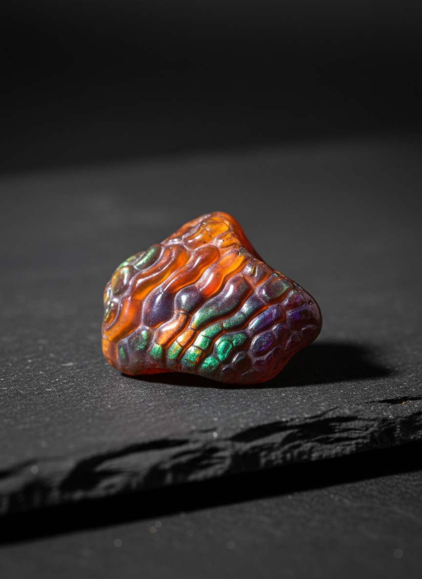 A close-up, ultra-detailed composition of a single rare DinoStone fire agate, resting on a dark matte slate surface. The gemstone’s surface shows intricate, iridescent bands of ember orange, electric green, and deep violet, with a distinct, almost reptilian texture that recalls ancient scales. Soft, focused studio lighting from the upper left creates shimmering highlights across the stone’s contours, emphasizing its depth and rarity while gentle shadows ground it. The background fades into a velvety charcoal blur, keeping attention on the texture of the fire agate. Photographic realism with a sophisticated, gallery-like atmosphere, composed at a slightly elevated angle with a shallow depth of field to showcase the gemstone’s complex internal fire and scarcity.