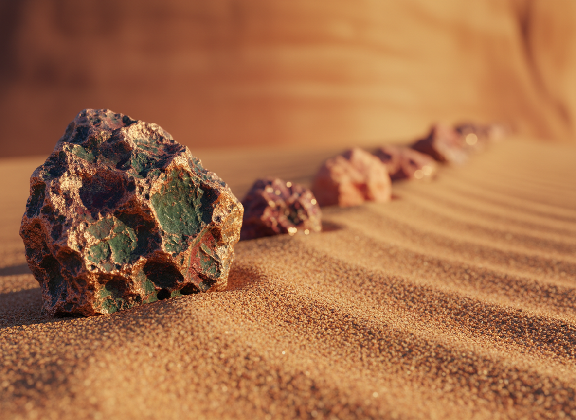 A textured, horizontal banner-style image showing a subtle row of DinoStone fire agate roughs fading into the distance across a band of fine desert sand, symbolizing limited, dwindling inventory from the American Southwest. The nearest stone is in extreme close-up, revealing intricate, almost volcanic textures and internal fire in hues of copper, jade, and crimson, while the others blur into a soft, warm gradient. Late afternoon desert light washes across the scene, creating delicate highlights on each stone and fine shadows in the sand grains. The background dissolves into a smooth, abstracted suggestion of canyon walls. Captured from a low, side angle with strong depth perspective, the mood is refined, rarefied, and quietly urgent, aligning with a sophisticated, texture-focused brand.