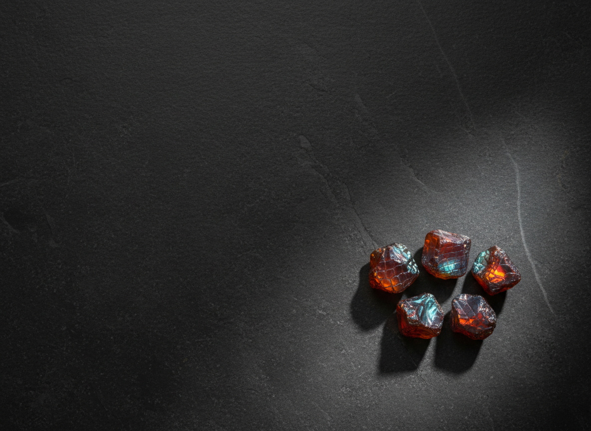 A sophisticated flat-lay composition for a waitlist or minimum-order page, showing a small, precisely arranged cluster of premium DinoStone fire agate pieces placed near the lower right of a broad, negative-space background made of textured dark stone. The gems, all top-grade, reveal intense internal fire with layered, reptilian-like textures and saturated hues of ember, teal, and ruby. Soft, directional overhead light creates subtle pools of brightness around the stones and barely-there shadows, enhancing a quiet sense of exclusivity and limited access. The rest of the frame remains intentionally empty, with gently varied dark texture, evoking the idea of scarcity and high entry thresholds. Shot from directly above with crystal clarity, the image feels modern, restrained, and luxuriously minimal.