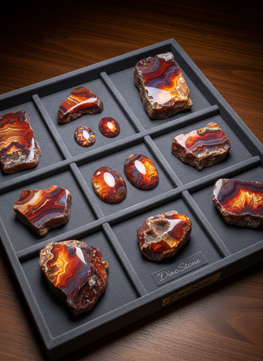 A curated collection set of DinoStone fire agates presented in a charcoal velvet-lined display tray, each gemstone nestled in its own recess like a tiny work of art. The stones vary from small, fiery cabochons to larger rough pieces, all exhibiting intricate, layered textures and iridescent flashes resembling molten lava and desert sunsets. Overhead soft studio lighting creates gentle, even illumination, catching glints of color and emphasizing dimensionality without harsh reflections. The tray sits on a deep walnut tabletop, barely visible at the edges, reinforcing a luxurious, sophisticated brand presence. Composed from a slightly elevated, three-quarter angle with sharp focus throughout, the image feels like an exclusive catalog spread that quietly suggests limited inventory and high minimum investment through its restrained, high-end visual language.