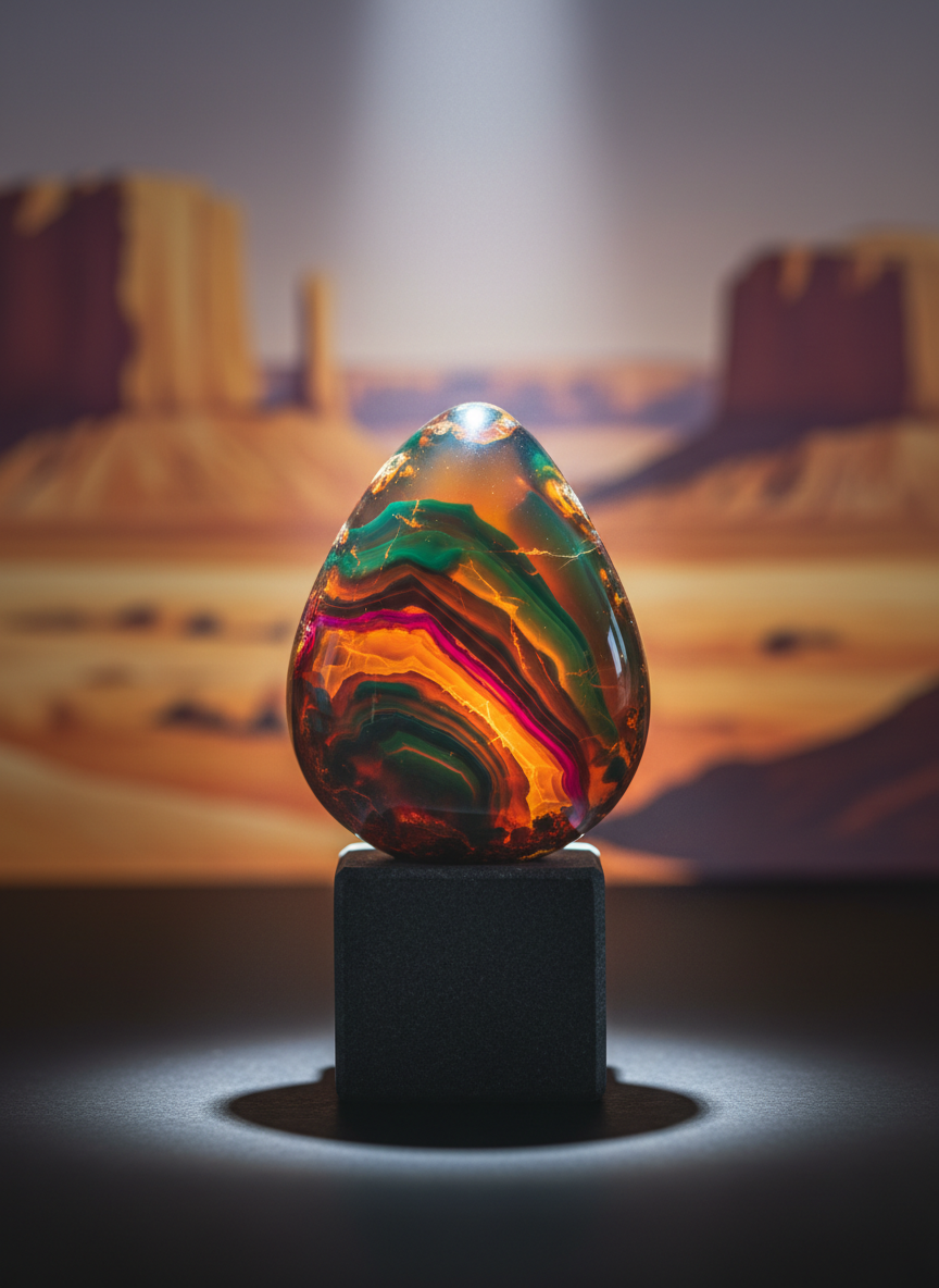 A single, exceptional DinoStone fire agate reserved for special orders, displayed on a minimalist black stone pedestal against a blurred backdrop that hints at stylized desert mesas and distant canyon textures. The gemstone’s surface is extraordinarily detailed, with layered patterns of glowing amber, emerald, and magenta shimmering beneath a glassy surface, like captured lightning within volcanic rock. A narrow, focused beam of spotlight from above creates a halo of light around the stone, enhancing its rarity and museum-grade aura. Dramatic side shadows add depth and sophistication. Shot close in, with the gem centered and the pedestal base slightly out of focus, the composition suggests an elite, waitlist-only piece with a tactile, high-end texture aesthetic and cinematic, photographic realism.