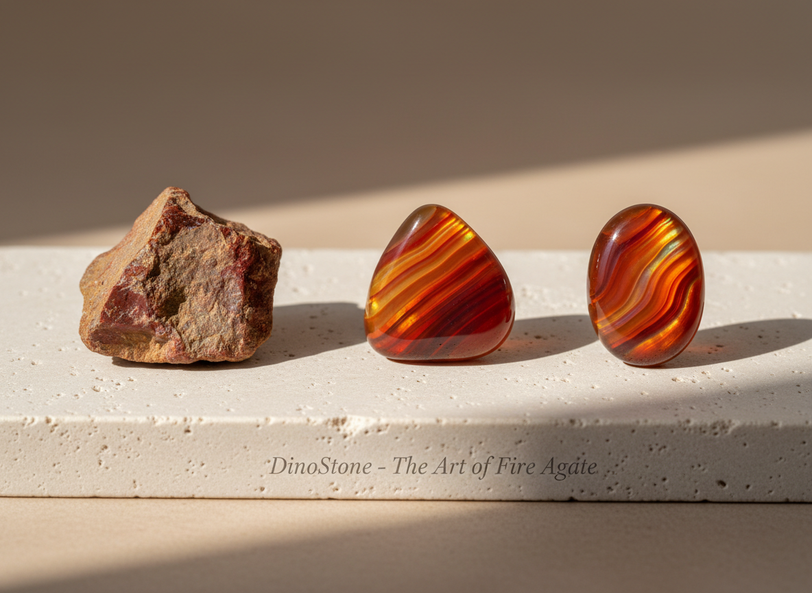 A refined tabletop scene designed for a luxury product page, featuring three carefully spaced DinoStone fire agate gemstones—one rough, one partially worked, and one fully polished—arranged on a pale, textured limestone slab. Their surfaces show intricate banded patterns and iridescent flashes in warm, fiery tones, each stage revealing a different tactile quality. Gentle, diffused daylight from an unseen window sweeps across the composition, producing soft highlights that glide along the stones’ contours and minimal, elegant shadows. The background is a smooth, out-of-focus gradient in warm taupe, reinforcing exclusivity without distraction. Shot from a slightly elevated angle with a moderate depth of field, the image feels like a sophisticated progression story, hinting at custom and special-order craftsmanship while keeping the focus on nuanced gemstone texture.