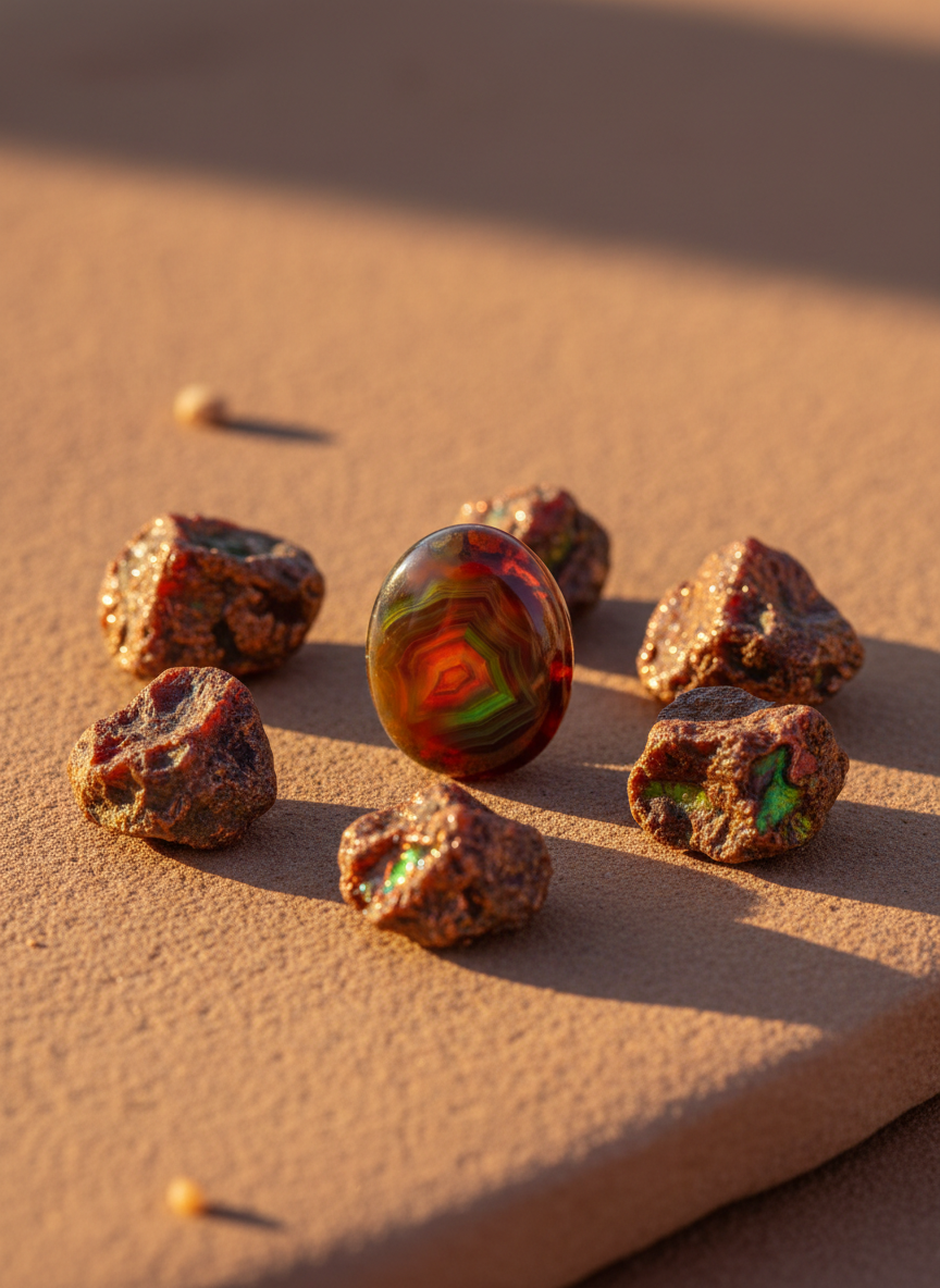 An elegant arrangement of several DinoStone fire agate rough pieces and one polished centerpiece displayed on a smooth, warm sandstone slab, subtly evoking the arid landscape of the American Southwest. Each stone reveals swirling, iridescent textures—burnt sienna, copper, and neon green—contrasting raw, rugged edges with glossy, polished faces. Diffused golden hour light from the side creates long, soft shadows and brings out the internal flashes of color, suggesting precious scarcity and limited availability. Shot at eye level, using rule-of-thirds composition, the polished piece is in sharp focus while the rough stones gradually soften into a creamy, textured bokeh. The aesthetic is refined and minimal, with an emphasis on tactile gemstone texture and a sophisticated, collector-oriented mood.